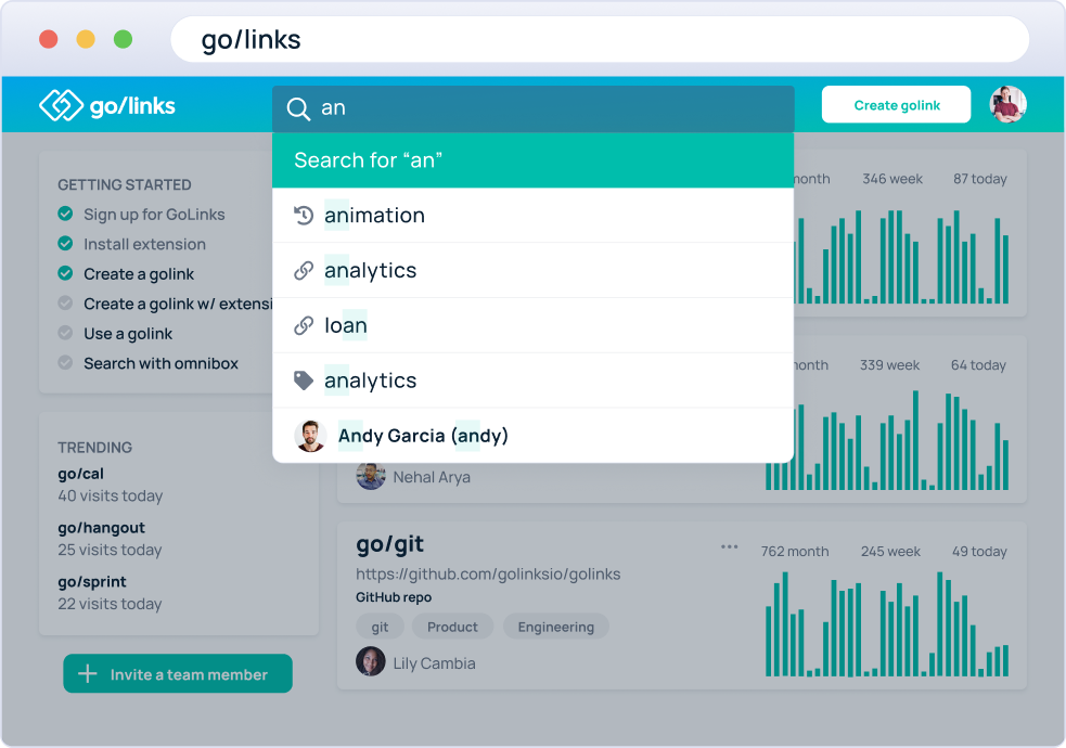 Searching on GoLinks dashboard