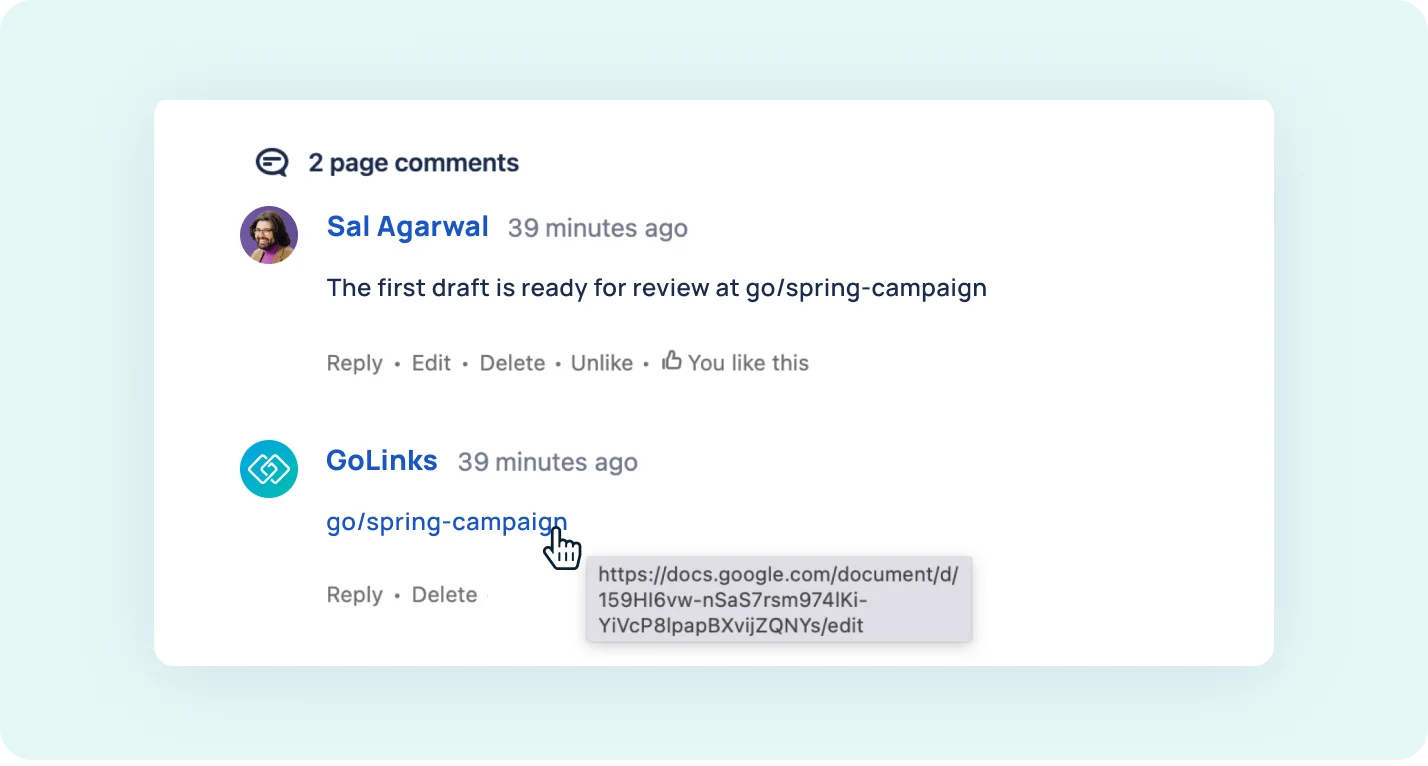 GoLinks in Confluence comments