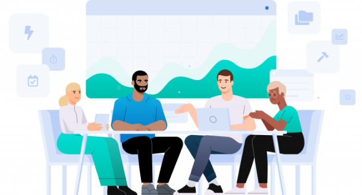 Four people discussing what apps can boost productivity