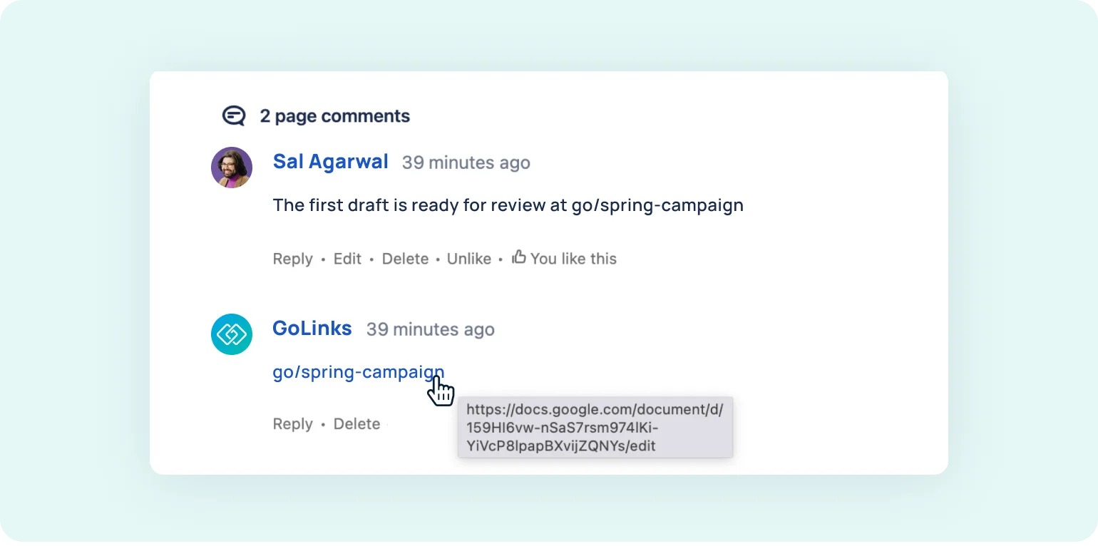 GoLinks in Confluence comments